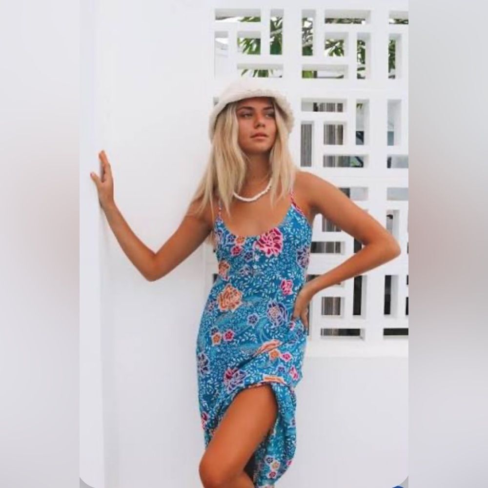 Arnhem Leilani Strappy Slip Dress In Floral Reef Blue Spaghetti Straps Size 6 - Picture 2 of 7